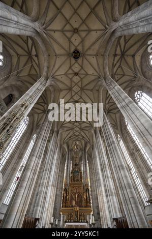 Innenraum mit Netzgewölbe und Hochaltar in der spätgotischen Hallenkirche St. Georg, Dinkelsbüehl, Bayern, Deutschland, Europa Stockfoto