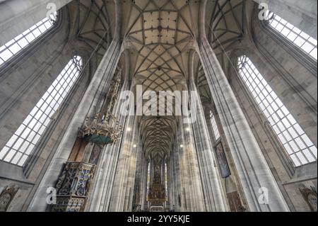 Netzgewölbe mit Chor der spätgotischen Hallenkirche St. Georg, Dinkelsbüehl, Bayern, Deutschland, Europa Stockfoto