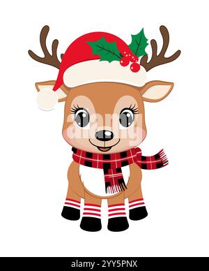 Niedlicher Cartoon-Hirsch mit rotem Weihnachtsmütze Stock Vektor