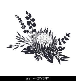 Schwarze Silhouette von tropischen Protea-Blumen und Blättern Bouquet Stock Vektor