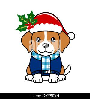 Niedlicher Cartoon-Welpe sitzt mit rotem Weihnachtsmann-Hut Stock Vektor