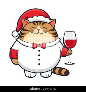 Lustige Karikaturkatze mit rotem Weihnachtsmann-Hut und Wein Stock Vektor