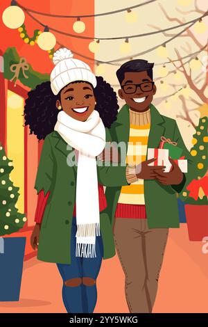 Ein junges Paar, das mit Weihnachtsbaum und Geschenken läuft Stock Vektor