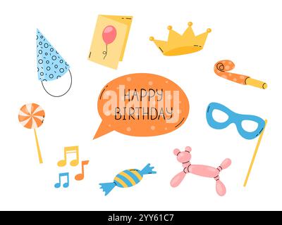 Alles Gute zum Geburtstag Vektor-Elemente Set, Grußkarte. Lustige flache bunte handgezeichnete Kinder-Bday-Design-Objekte isoliert Stock Vektor