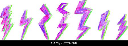 Set von Blitz durch Wachsstift Zeichnung. Sammlung von Handzeichnkreide, Lichterblinkschildern, Doodle Thunder Bolts, gelben Designelementen Stock Vektor