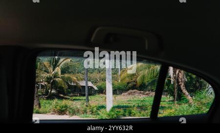 Vom Rücksitz eines Autos aus kann man ein schönes und üppiges grünes Feld sehen Stockfoto