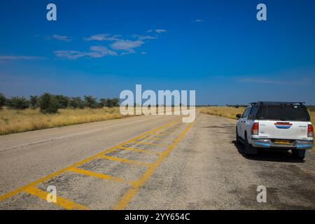 Geländefahrten mit einem Mietwagen auf einer Schotterstraße, einem Geländewagen in einer sandigen Wüstenlandschaft in Namibia. Toyota Hilux SUV 4x4 Geländefahrzeug. März 20 Stockfoto