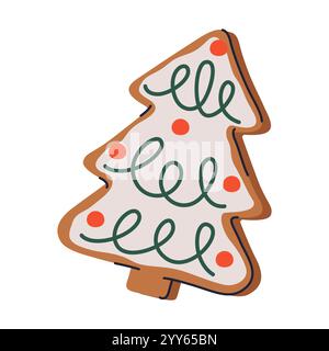 Weihnachtsbaumkeks-Symbol im Hintergrund isoliert. Vektoraufkleber oder Clip-Art. Süßes Silvester-Dessert mit Zuckerguss oder Zuckerguss. Hausgemachte Weihnachtsbonbons. Stock Vektor