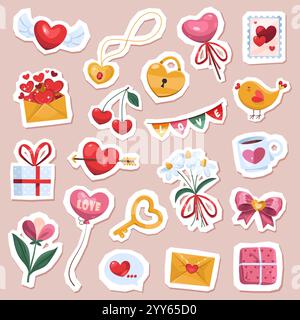 Sammlung von Symbolen oder Aufklebern für den Valentinstag. Vektorclip-Kunst. Symbole für Liebe und Romantik. Dekorative Elemente. Februar. Stock Vektor