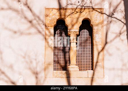 Detailfenster Bifora. San Nicolás de Bari Chuch. Torrecaballeros, Segovia, Castilla y León, Spanien, Europa Stockfoto