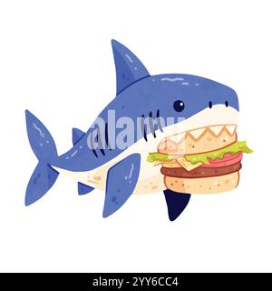 Hungrige Haie essen den Burger. Pop Art Retro Vektor Illustration Aquarell Stock Vektor
