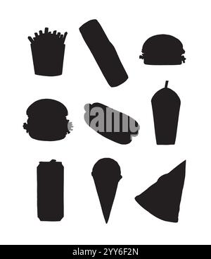 Vektor-Set-Bündel von Hand gezeichneter Fast-Food-Silhouette isoliert auf weißem Hintergrund Stock Vektor