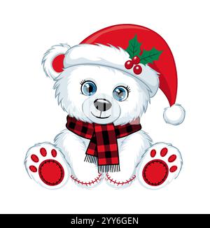 Süßer weißer Teddybär mit rotem Weihnachtsmütze Stock Vektor