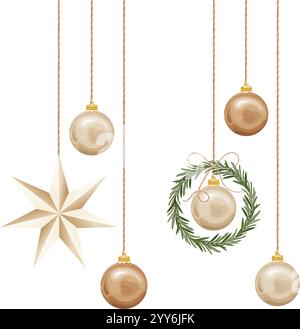 Vektor-Illustration von umweltfreundlichen Weihnachtsdekorationen mit goldenen und beigefarbenen Ornamenten, einem Papierstern und einem Rosmarinkranz. Stock Vektor