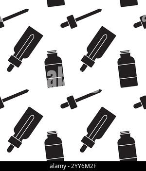 Nahtloses Vektor-Muster der flachen schwarzen Essenz-Ölflasche isoliert auf weißem Hintergrund Stock Vektor