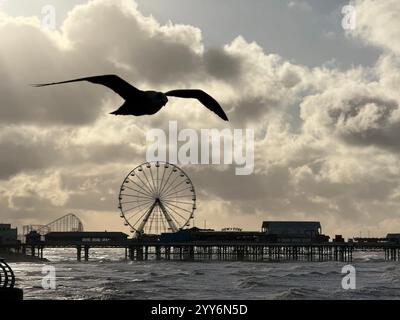Zentraler Pier mit Möwen fliegen an einem windigen Wintertag in Blackpool, Lancashire. Stockfoto