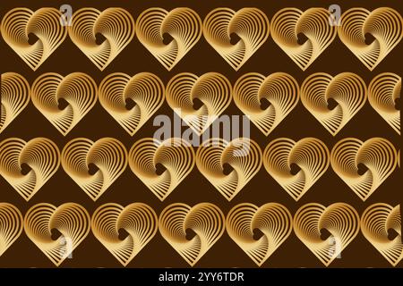 Eleganter Hintergrund mit goldenen Herz-Farbverlauf mit Spiralmotiven auf dunkelbraunem Hintergrund. Stockfoto