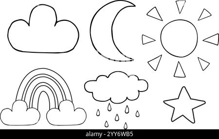 Vektorsatz Bündel von Hand gezeichneter Kritzelskizze Wettersymbole isoliert auf weißem Hintergrund Stock Vektor