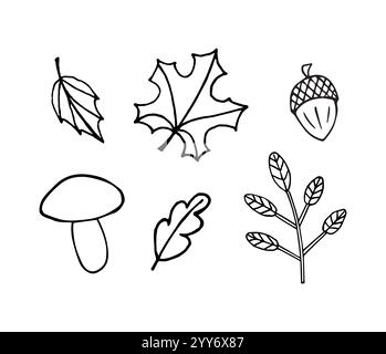 Vektor Set Bündel von Hand gezeichneter Doodle Skizze Herbst Blätter Eichel und Pilz isoliert auf weißem Hintergrund Stock Vektor