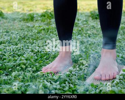 Eine barfuß-Frau steht auf Nägeln Sadha-Brett zwischen dem Gras. Spirituelle Praxismeditation in der Natur. Nahaufnahme Stockfoto