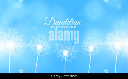 Frühlings-Dandelion-Blumensamen auf blauem Bokeh-Hintergrund Stock Vektor