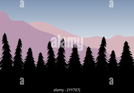 Vektor flache Cartoon farbige Landschaft mit Fichtenwald und Bergen Stock Vektor