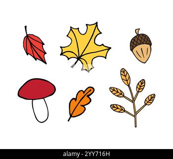 Vektor Set Bündel von farbigen Hand gezeichneten Doodle Skizze Herbst Blätter Eichel und Pilz isoliert auf weißem Hintergrund Stock Vektor
