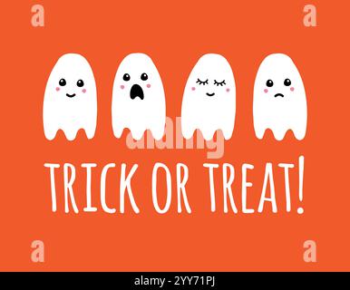 Vektor Hand gezeichnete Kritzelskizze weißer Geist und Trick oder Treat Schriftzug isoliert auf orangem Hintergrund Stock Vektor