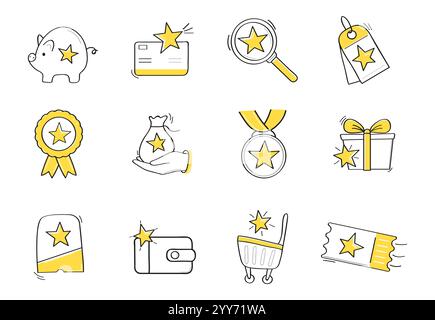 Prämienbonus-Geschenksymbole. Handgezeichnete Symbole für Vorteile, Treuepreise, Geschenke, Gutscheine, Stock Vektor