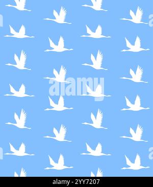 Nahtloses Muster des Vektors der weißen Hand gezeichneten fliegenden Kranvogel Silhouette isoliert auf blauem Hintergrund Stock Vektor