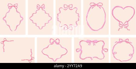 Vintage-Retro-Brillenkollektion mit Schleifenrahmen. Drucke, Grußkarten, Hochzeit und Geburtstagsfeier, Einladungen. Handgezeichneter trendiger Coquette-Stil Stock Vektor