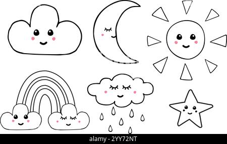 Vektorsatz Bündel von handgezeichneten Kritzelskizzen Wettersymbolen mit Gesichtern, die auf weißem Hintergrund isoliert sind Stock Vektor