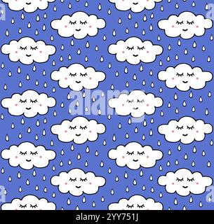 Nahtloses Vektor-Muster der weißen Hand gezeichneten Kritzelskizze regnende Wolken mit kawaii Gesicht isoliert auf blauem Hintergrund Stock Vektor