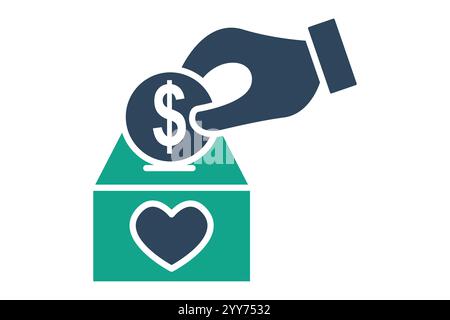 Symbol „Spende“. Symbolstil durchgehend. Hand mit Wohltätigkeitsbox und Dollar. Symbol für wohltätige Zwecke. Vektorillustration für Spendenelemente Stock Vektor