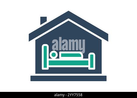 Symbol „Unterkunft“. Symbolstil durchgehend. Haus mit Bett. Symbol für Spenden und Wohltätigkeitsorganisationen. Vektorillustration für Spendenelemente Stock Vektor