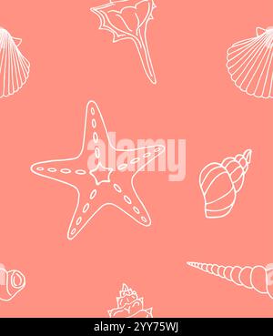 Nahtloses Muster des Vektors der weißen Hand gezeichneten Kritzelskizze Shell und der Meeressterne isoliert auf korallenrosa Hintergrund Stock Vektor