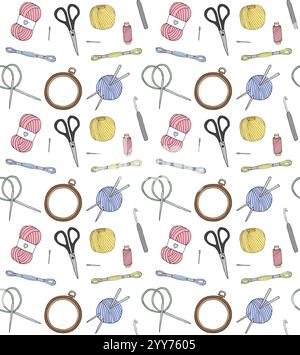 Nahtloses Vektor-Muster der farbigen Hand gezeichneten Kritzelskizze Nähen Stickerei und Stricken Ausrüstung isoliert auf weißem Hintergrund Stock Vektor