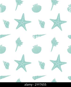 Nahtloses Muster des Vektors von Mint Hand gezeichnete Kritzelskizze Shell und Meeressterne isoliert auf weißem Hintergrund Stock Vektor