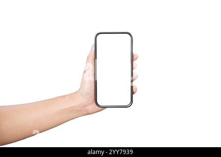 Menschliche Hand hält schwarzes Smartphone leerer Bildschirm weißer Hintergrund isoliert nah oben, Frau Hand hält Handy, modernes Design Handy in weiblicher Stockfoto
