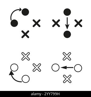 Symbol für taktischen Plan. Pfeile und Kreuze. Konzept des Strategievektors. Schwarzweißsymbole. Stock Vektor