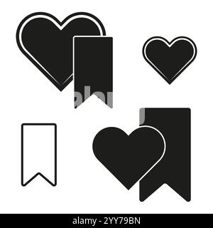Herz- und Lesezeichen-Symbole. Schwarz-weiß-Design. Vektorherzsymbole. Geometrische Lesezeichenformen. Stock Vektor