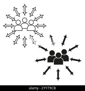 Netzwerkgruppensymbol. Symbol für Personenverbindung. Pfeilflussvektor. Schwarz-weiß-Design. Stock Vektor
