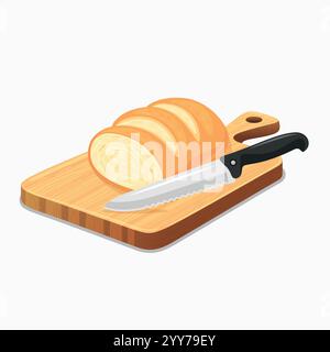 Flache Vektor Holz Schneidebrett mit Küchenmesser Symbol. Designvorlage für Schneidebrett und Messer. Schneidebrett mit Messer und Brot Stock Vektor