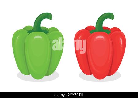 Zwei lebendige Vektor-Cartoon-Glockenpaprika in Grün und Rot. Seitenansicht. Designvorlage für Lebensmittelverpackungen, kulinarische Projekte, Küchendesigns. Hoch Stock Vektor
