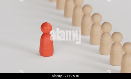 Eine Holzfigur, die mit einem Team steht, um Einfluss zu nehmen und zu ermächtigung. Konzept der Führung, erfolgreicher Wettbewerbssieger und Leader mit Einfluss und Stockfoto