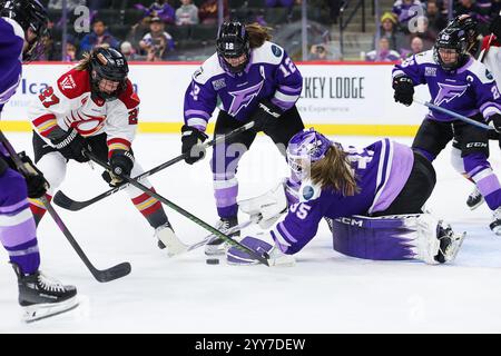 19. November 2024: Maddie Rooney (35), Torhüterin von Minnesota Frost, holt sich im Xcel Energy Center in St. Paul (Minnesota) ein Hockeyspiel zwischen Ottawa Charge und Minnesota Frost. Steven Garcia-CSM Stockfoto