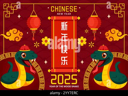 Glückliches Chinesisches Neujahr 2025 Vektor-Illustration. Übersetzung: Jahr der Holzschlange mit Schlangen und traditionellen chinesischen Elementen im Hintergrund Stock Vektor