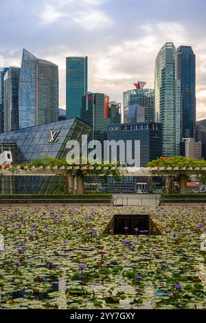 Der Central Business District (CBD) von Singapur übernahm den Lilienteich im Art Science Museum Stockfoto