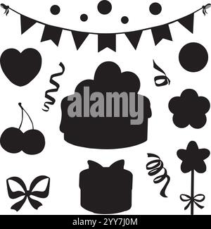 Valentinstag Set mit Kuchen. Flaggengirlande, Herzform und Blumen. Geschenkbox mit Schleife. Vektorgrafik-Abbildungen isodiert. Silhouettensymbol Stock Vektor