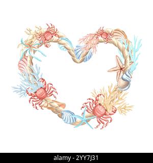 Krabben, Muscheln mit Korallen und Algen mit Sternenfischen. Rahmen in Herzform. Handgezeichnete Aquarellillustration isoliert. Marineband, Kopierraum Stockfoto